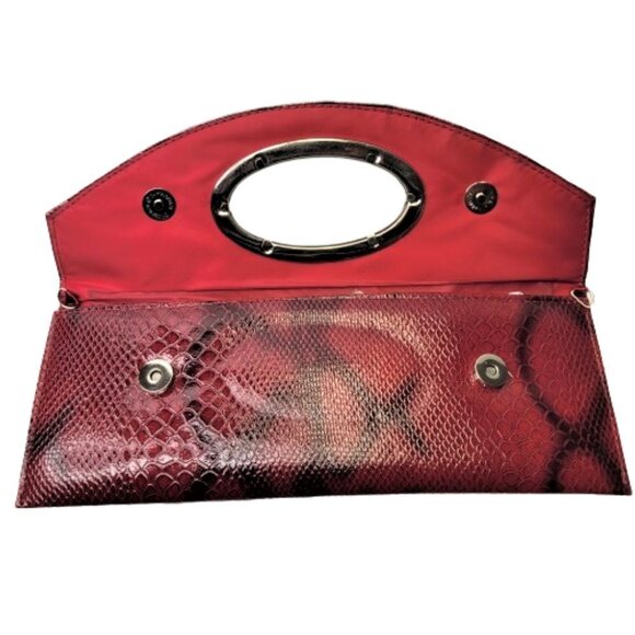 Snake Print Maroon Red Long Rectangular Clutch Purse - Picture 2 of 11